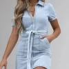 Full Size Zip Front Short Sleeve Denim Dress Plus Size