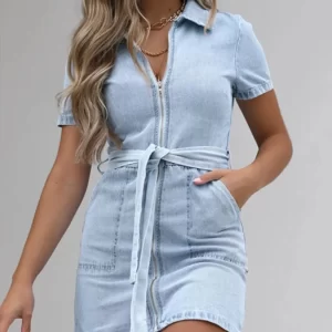 Full Size Zip Front Short Sleeve Denim Dress Plus Size