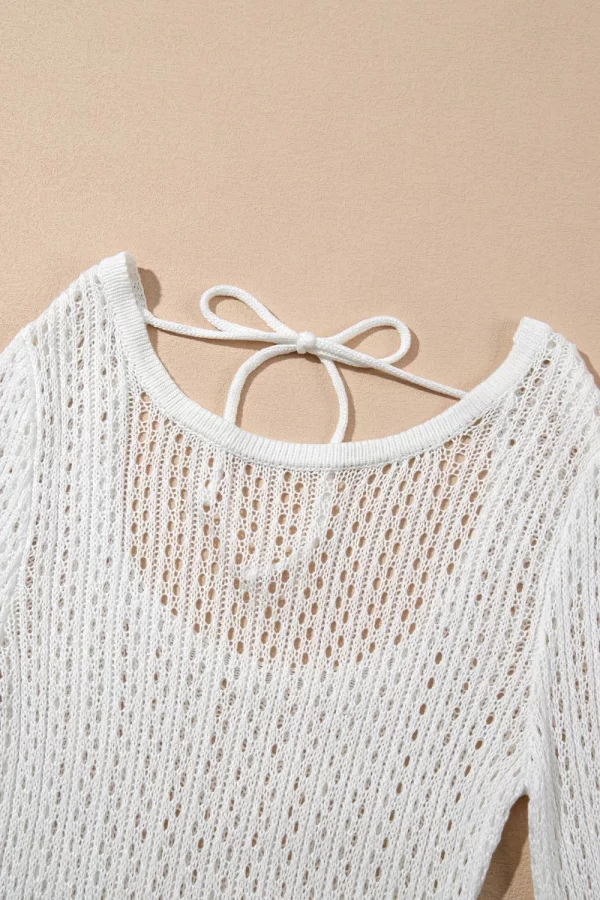 Hollow Out Bell Sleeve Drawstring Knit Cover Up Dress - Image 10