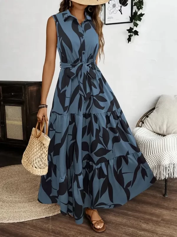 Printed Tie Waist Sleeveless Maxi Dress - Image 10