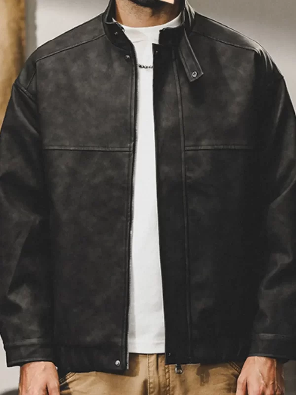 Men's Plus Size Zip Up Stand Collar Biker Jacket - Image 8