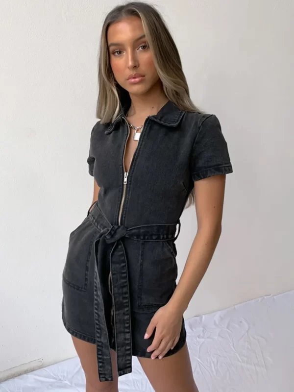 Full Size Zip Front Short Sleeve Denim Dress Plus Size - Image 12