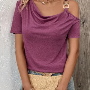Asymmetric Shoulder T-Shirt with Metal Buckle Detail