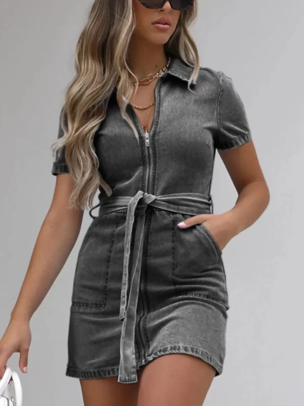 Full Size Zip Front Short Sleeve Denim Dress Plus Size - Image 4