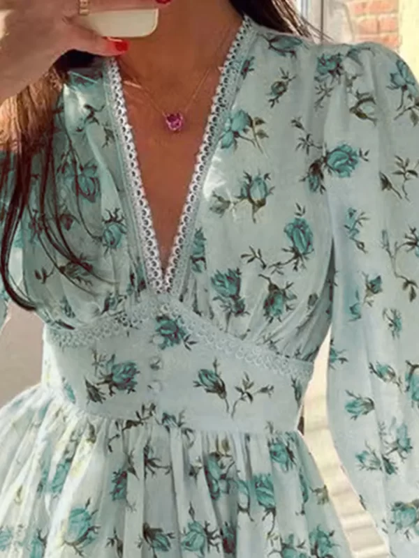 Lace Detail V-Neck Balloon Sleeve Dress - Image 6