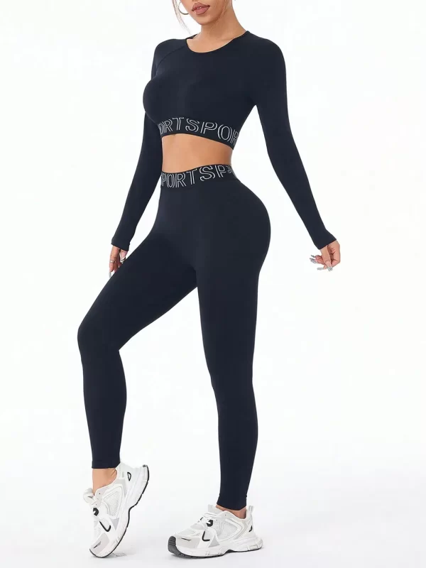 Letter Print Round Neck Long Sleeve Top and Leggings Active Set - Image 3