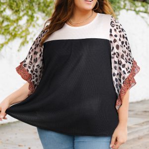 Plus Size Printed Color Block Ruffled Blouse