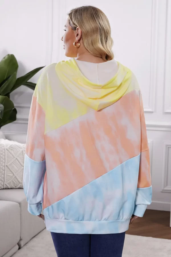 Plus Size Drawstring Color Block Dropped Shoulder Hoodie - Image 4