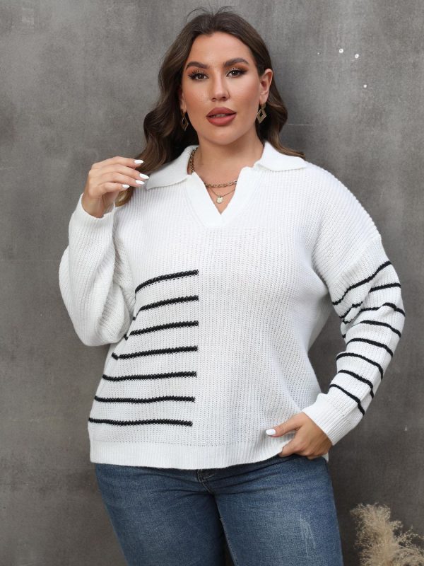 Plus Size Striped V-Neck Sweater - Image 2