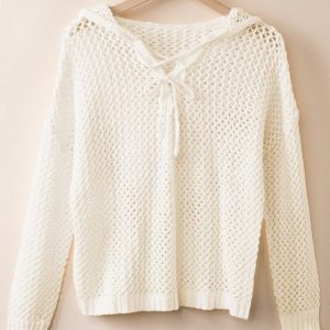 Openwork Lace-Up Hooded Sweater
