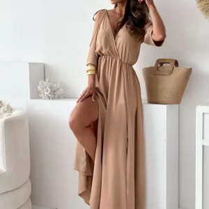 Tied Shoulder Slit Maxi Dress