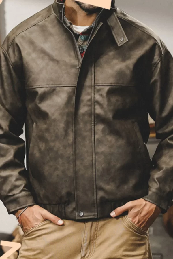 Men's Plus Size Zip Up Stand Collar Biker Jacket - Image 4
