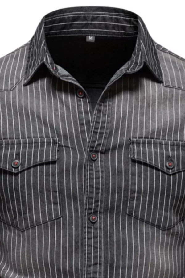 Men's Striped Collared Neck Button Down Denim Shirt - Image 7