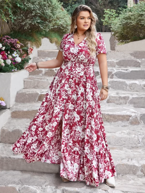 Plus Size Slit Printed V-Neck Maxi Dress - Image 4