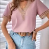 Full Size Contrast V-Neck Short Sleeve Blouse Plus Size