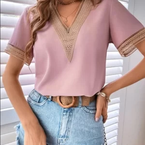 Full Size Contrast V-Neck Short Sleeve Blouse Plus Size