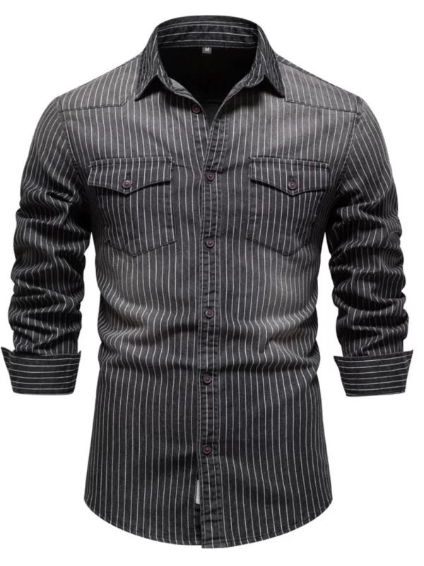 Men's Striped Collared Neck Button Down Denim Shirt - Image 8