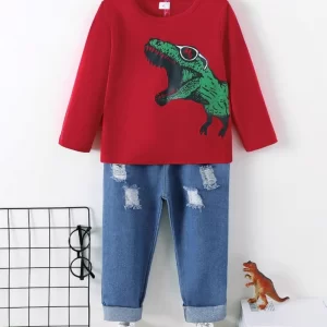 Dinosaur Round Neck Long Sleeve Top and Distressed Pants Set