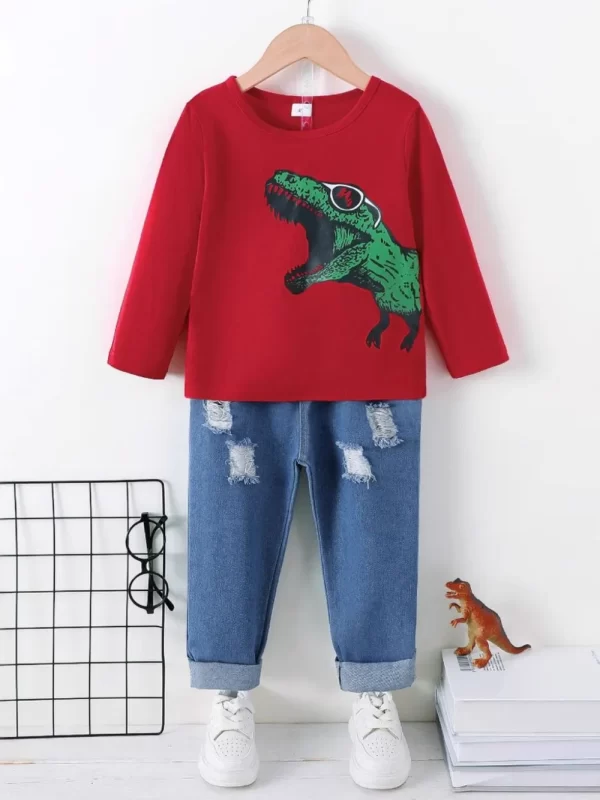Dinosaur Round Neck Long Sleeve Top and Distressed Pants Set