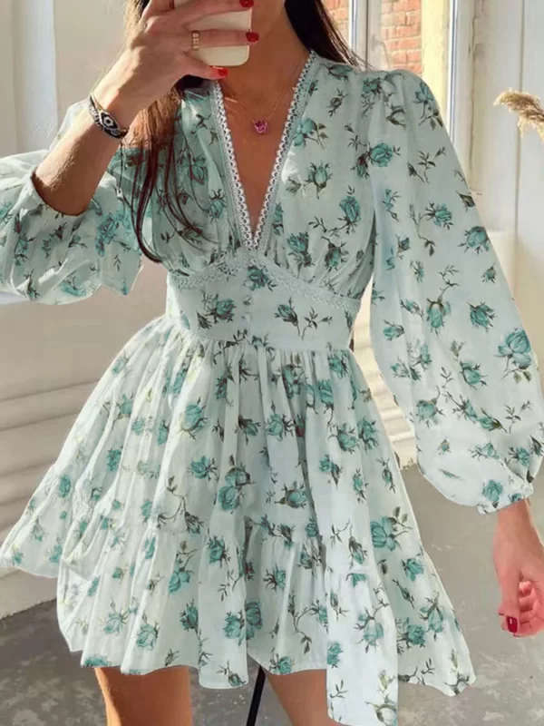 Lace Detail V-Neck Balloon Sleeve Dress - Image 7