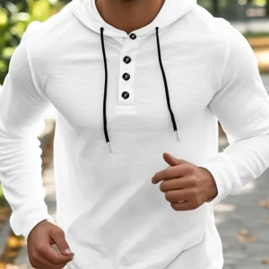 Men's Full Size Drawstring Button Detail Long Sleeve Hoodie Plus Size