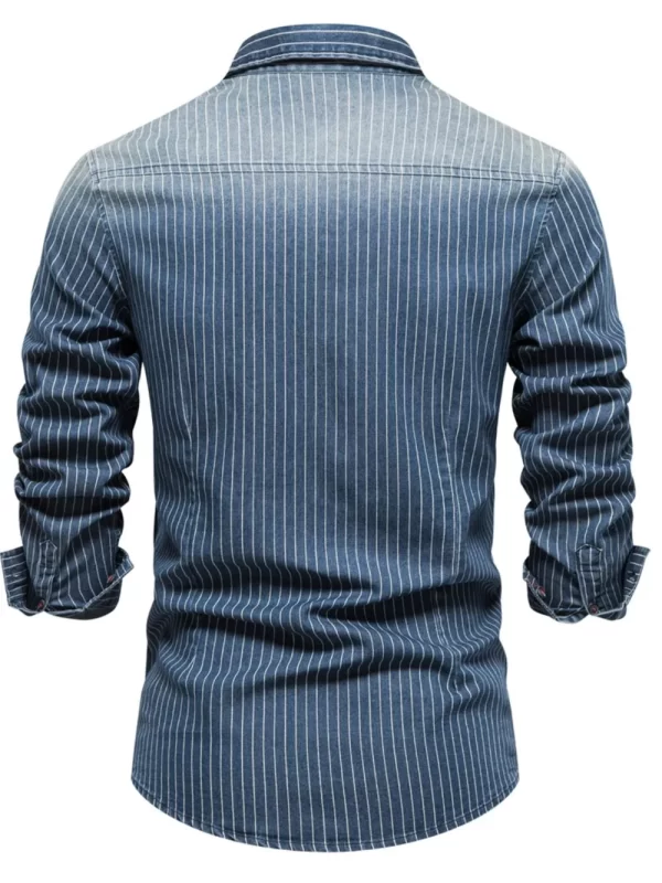 Men's Striped Collared Neck Button Down Denim Shirt - Image 5