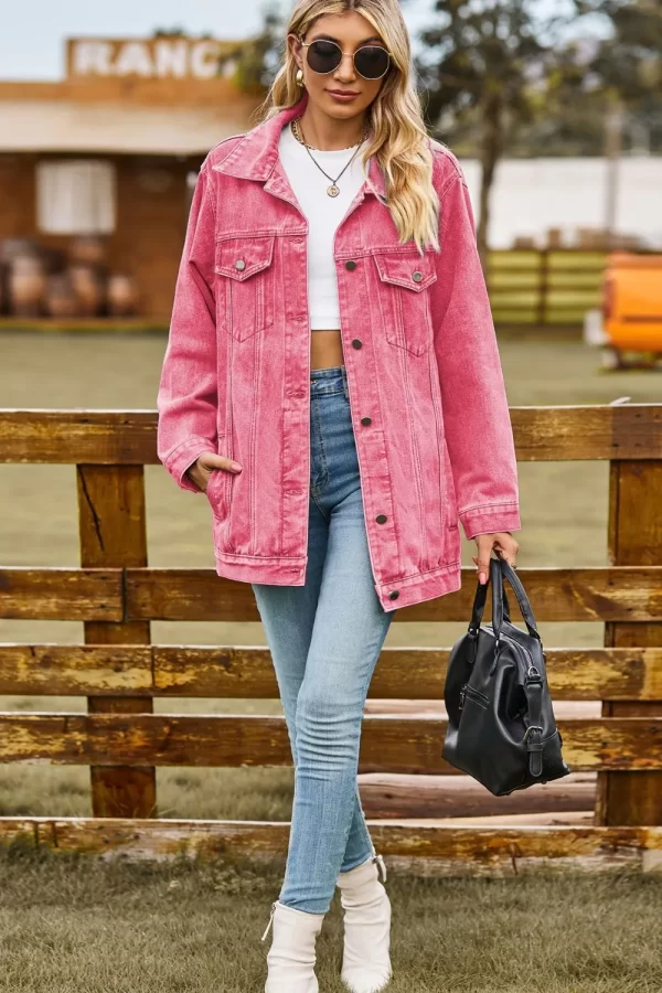 Buttoned Collared Neck Denim Jacket with Pockets - Image 4