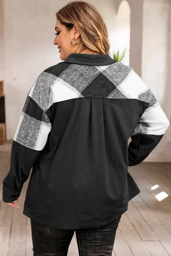Plus Size Plaid Snap Down Jacket with Pockets - Image 13