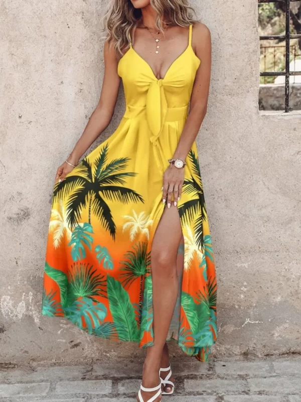 Feather Print Spaghetti Strap Split Dress - Image 10