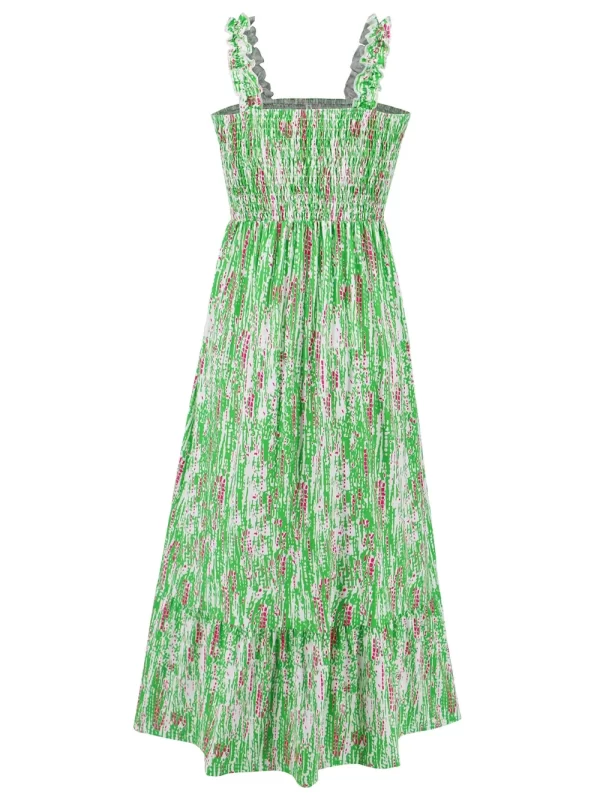 Smocked Printed Square Neck Sleeveless Dress - Image 8