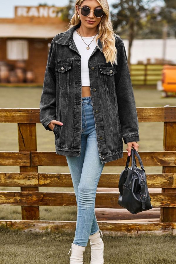 Buttoned Collared Neck Denim Jacket with Pockets - Image 7