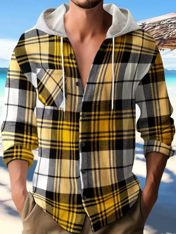 Men's Full Size Plaid Button Up Long Sleeve Hooded Top Plus Size - Image 8