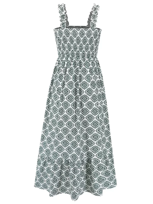 Smocked Printed Square Neck Sleeveless Dress - Image 23