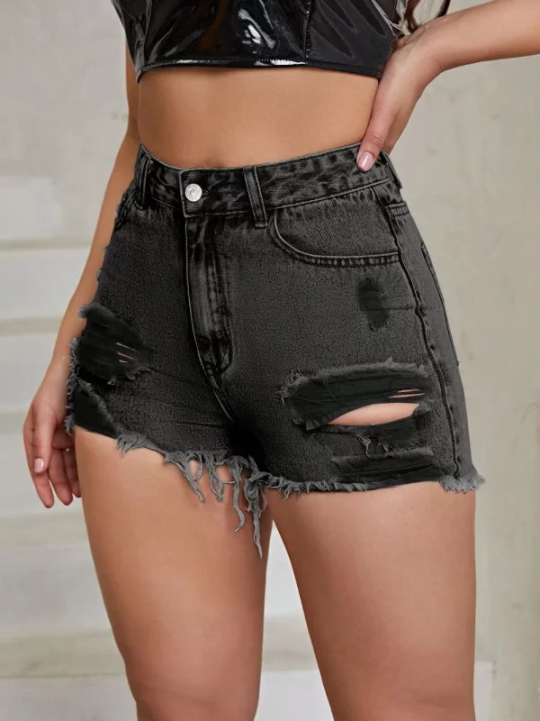 Distressed Raw Hem High Rise Denim Shorts - Image 10