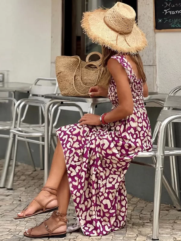 Smocked Printed Square Neck Sleeveless Dress - Image 31