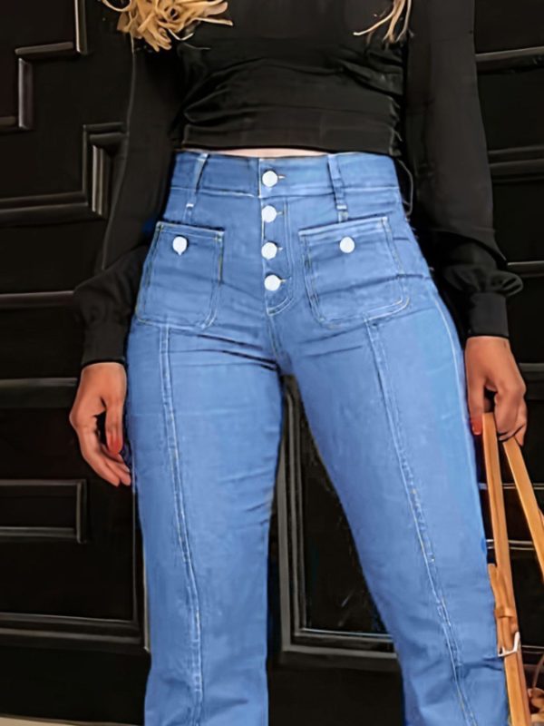 Button Fly High Waist Flare Jeans - Image 4