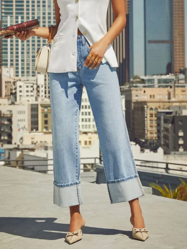 High Waisted Straight Leg Rolled Jeans - Image 7