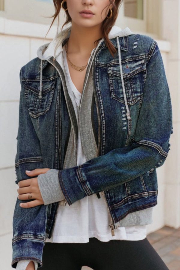 Fake Two-Piece Hooded Zip-Up Denim Jacket - Image 2