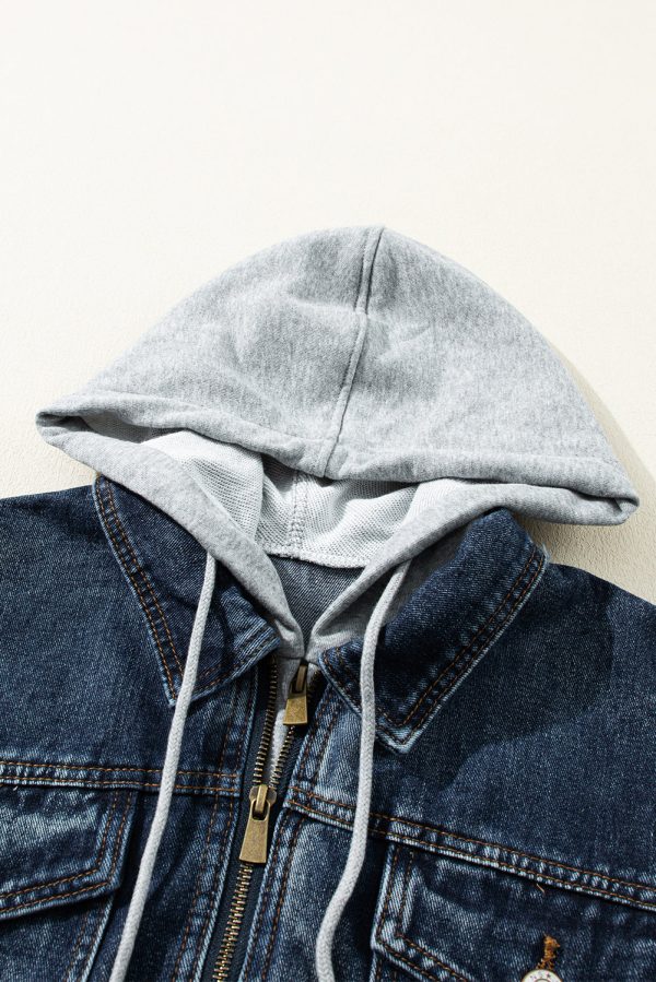 Fake Two-Piece Hooded Zip-Up Denim Jacket - Image 8