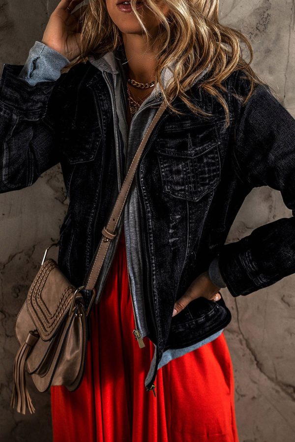 Fake Two-Piece Hooded Zip-Up Denim Jacket - Image 15