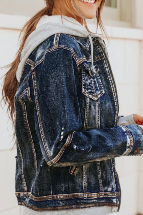 Fake Two-Piece Hooded Zip-Up Denim Jacket - Image 5