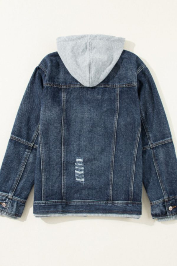 Fake Two-Piece Hooded Zip-Up Denim Jacket - Image 7