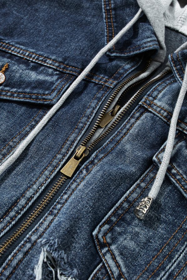 Fake Two-Piece Hooded Zip-Up Denim Jacket - Image 9
