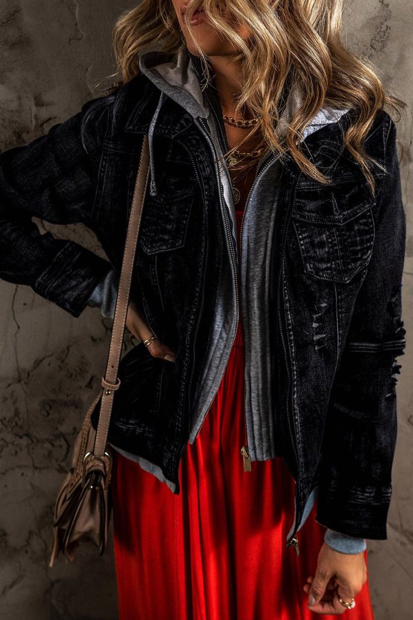 Fake Two-Piece Hooded Zip-Up Denim Jacket - Image 16