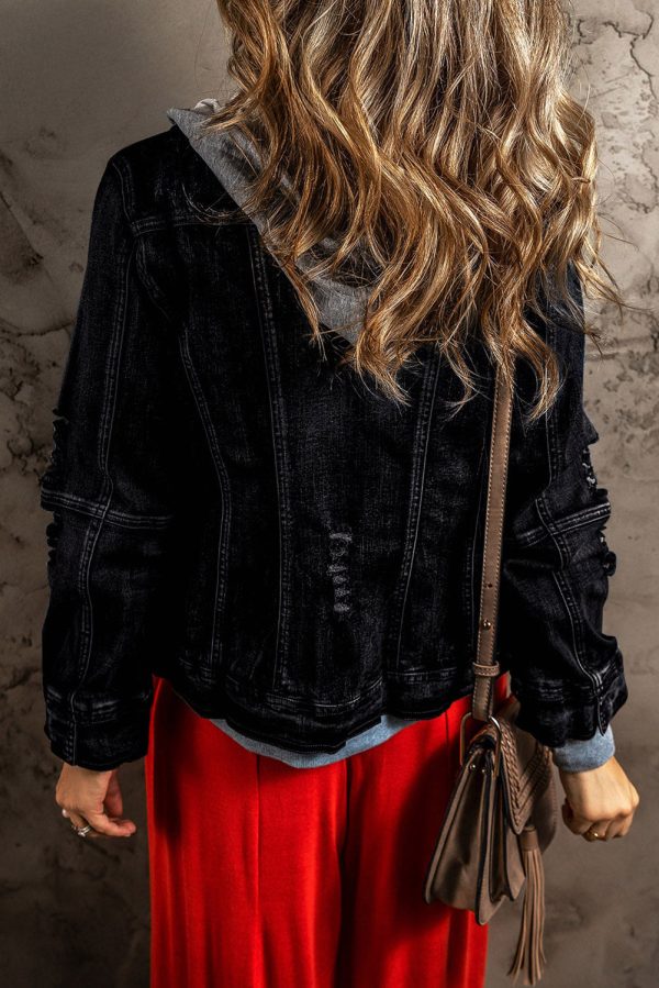 Fake Two-Piece Hooded Zip-Up Denim Jacket - Image 14