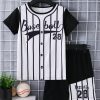 Children's Round Neck Contrast Striped T-Shirt and Shorts Set