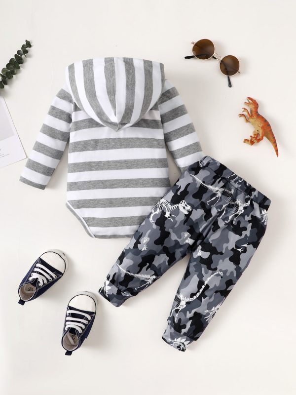 Children's Striped Hooded Bodysuit and Camouflage Pants Set - Image 3