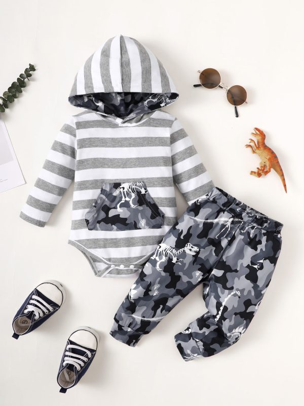 Children's Striped Hooded Bodysuit and Camouflage Pants Set - Image 2