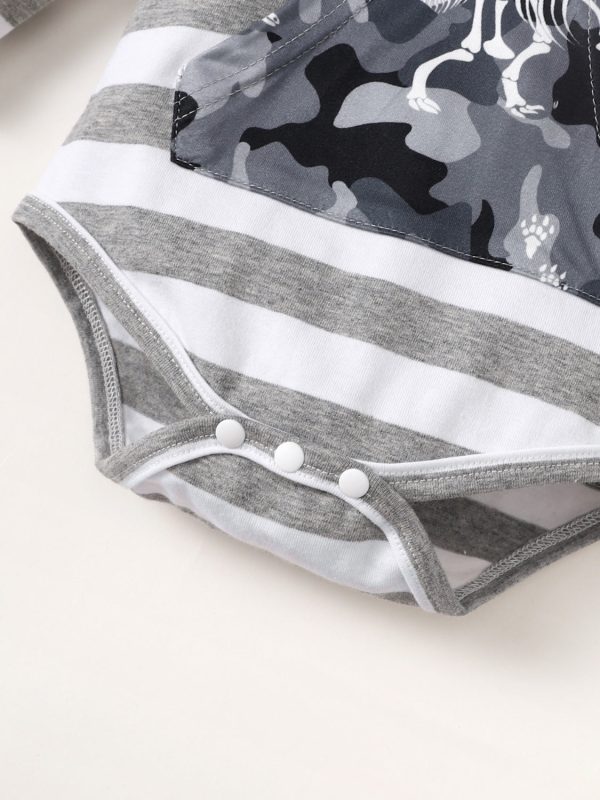 Children's Striped Hooded Bodysuit and Camouflage Pants Set - Image 5