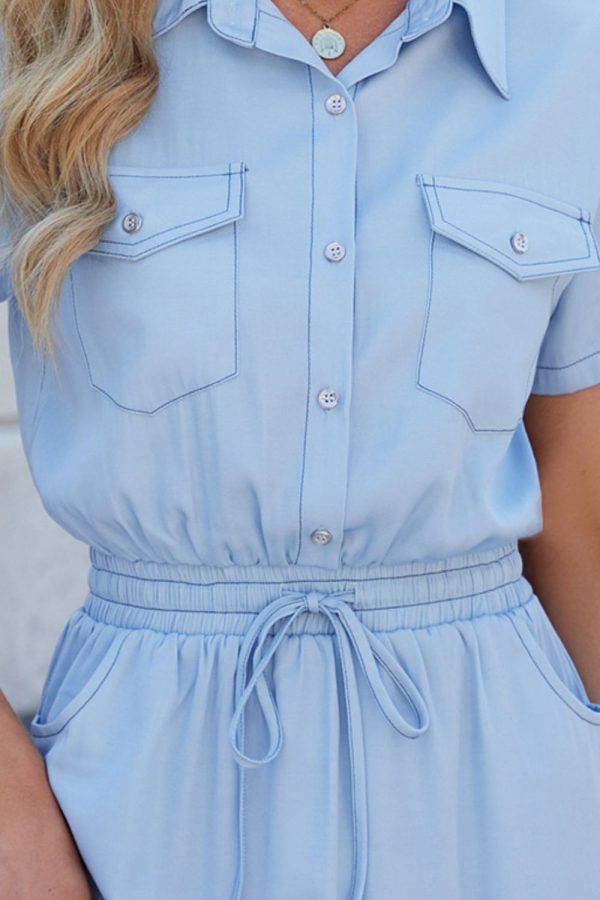 Drawstring Collared Neck Short Sleeve Denim Dress - Image 3